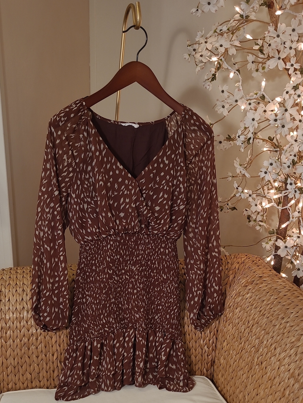 Women's Brown Printed Smocked Mini Dress
